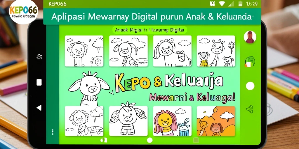 Antarmuka aplikasi KEPO66 yang cerah dan interaktif untuk mewarnai.