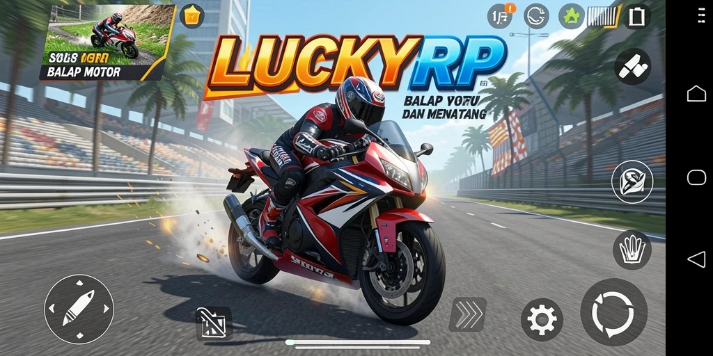 Antarmuka LUCKYRP menampilkan trek balap yang menantang dan motor yang beragam.