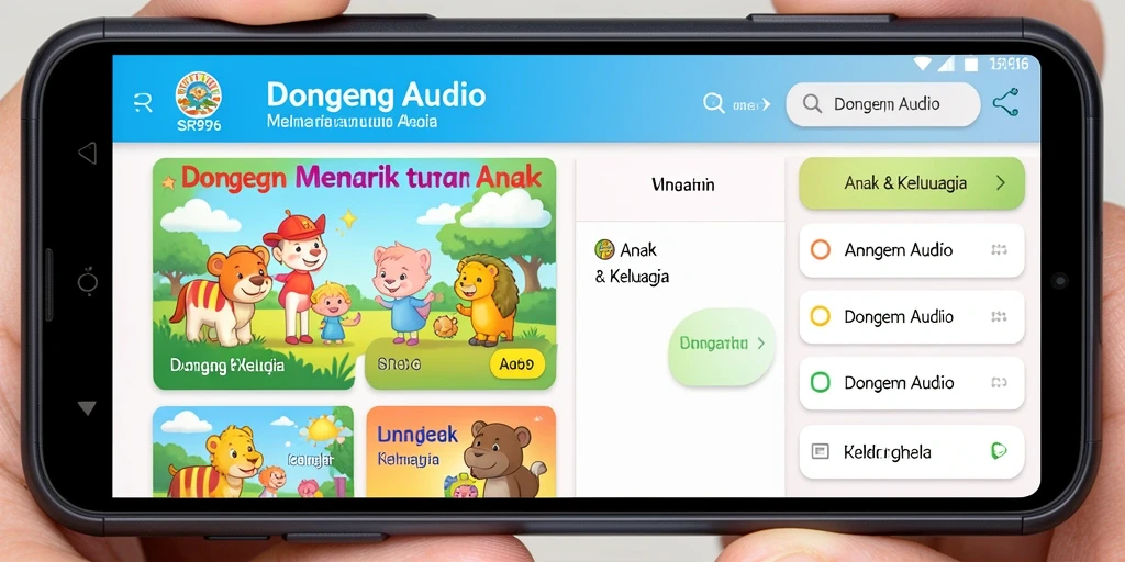 Antarmuka aplikasi SR996 yang ramah anak dengan koleksi dongeng audio.
